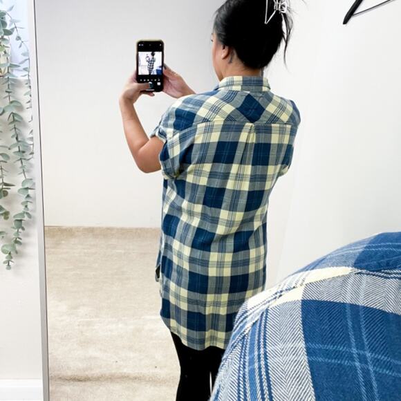 Rails x Free People | Button Down Cuffed Plaid Shirt Oversized Yellow Blue | S - Picture 3 of 10